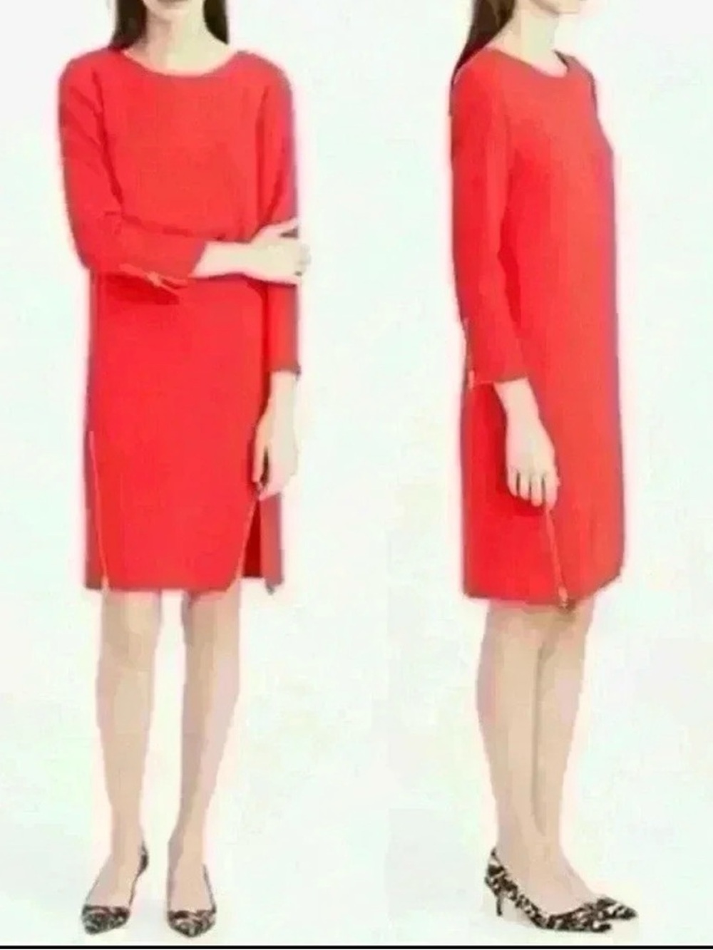 𝅺J.Crew Red 3/4 Sleeve Double-Zip Shift Dress